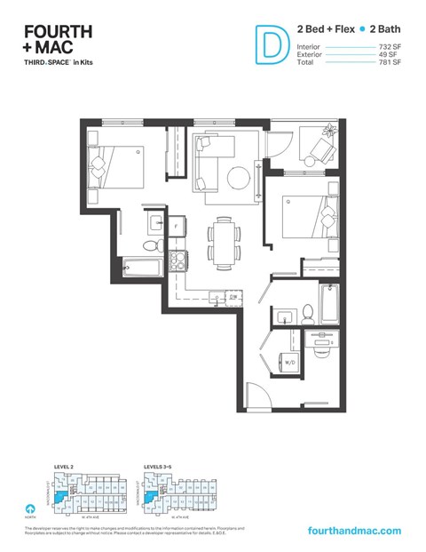 Floor plan for 2 beds, 2 baths, 732 sqft